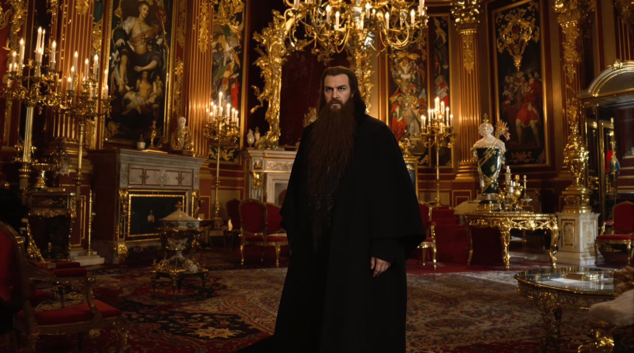 Grigori Rasputin standing in a lavish Imperial Russian drawing room