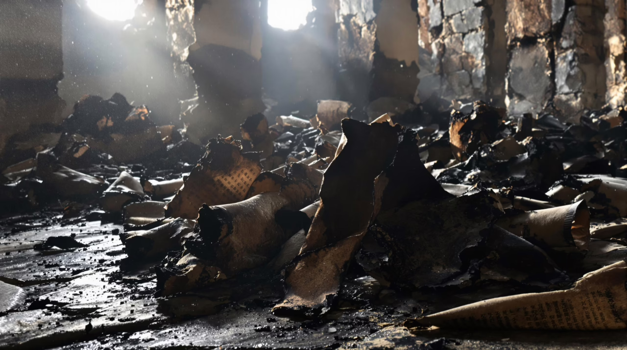 The burned Great Library of Alexandria