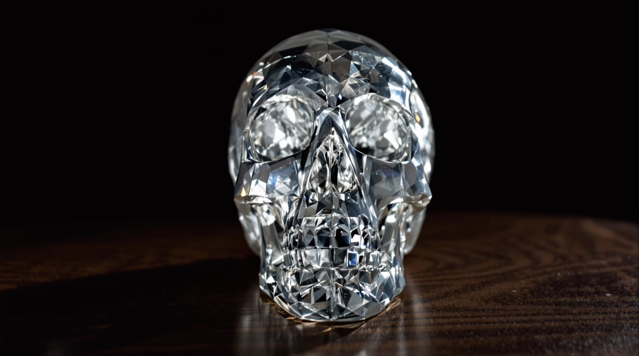 crystal skull on a dark wooden table