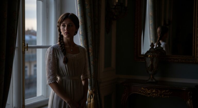 Young woman in a vintage dress gazes thoughtfully out a window, conveying a sense of nostalgia and reflection.