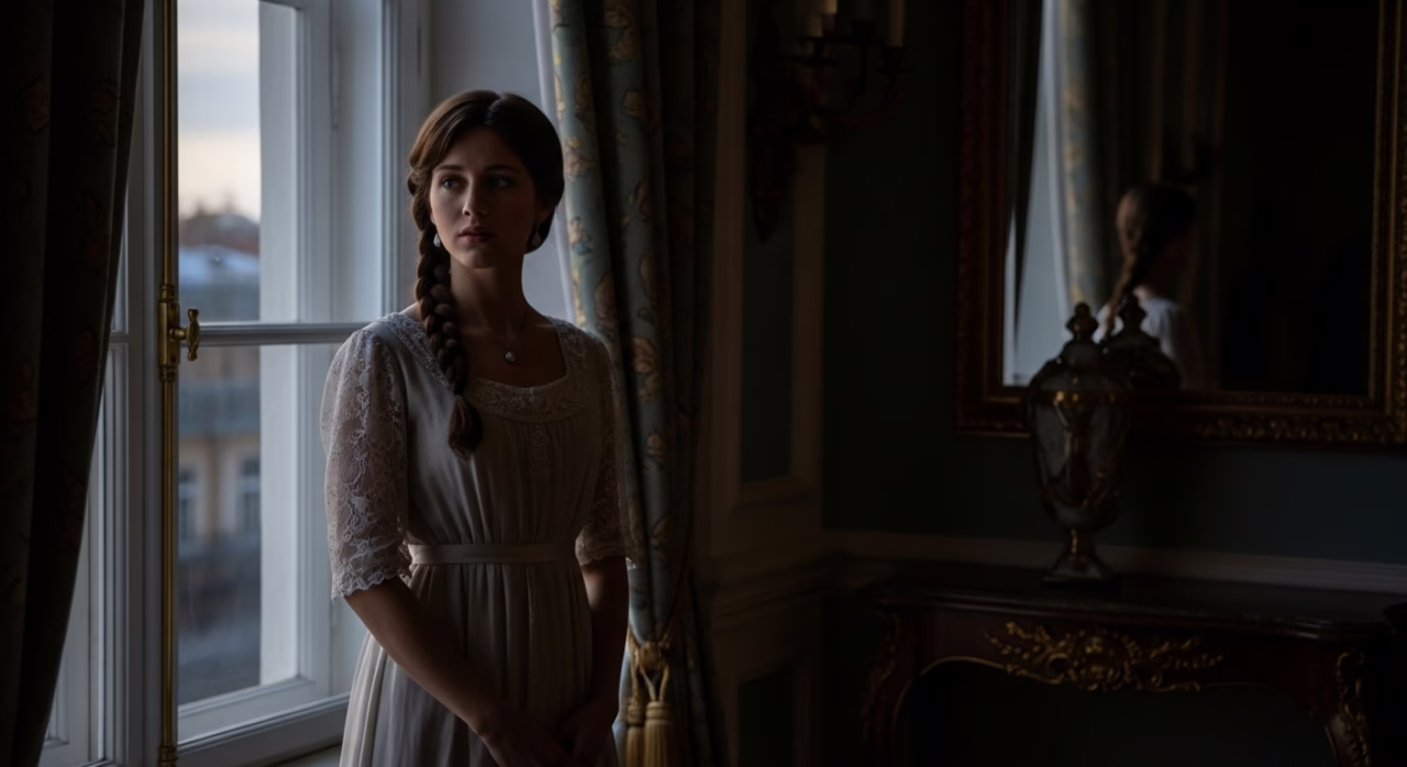 Young woman in a vintage dress gazes thoughtfully out a window, conveying a sense of nostalgia and reflection.