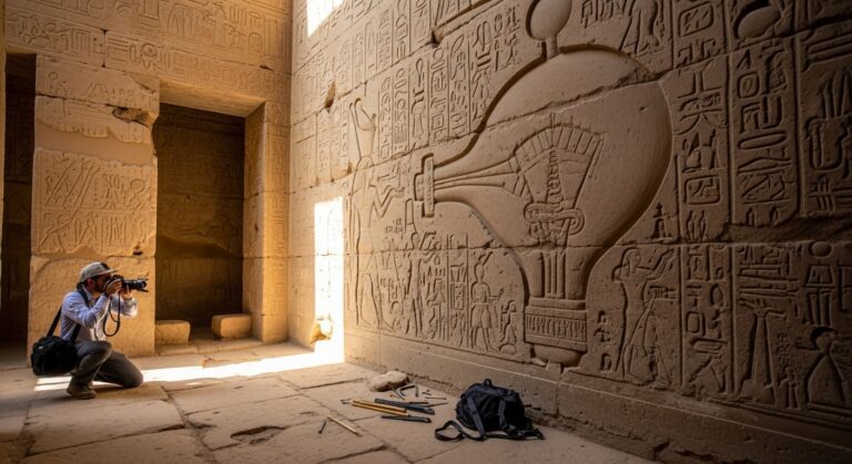 Archaeologist documenting ancient Egyptian hieroglyphics inside a sunlit temple, revealing historical and cultural significance.