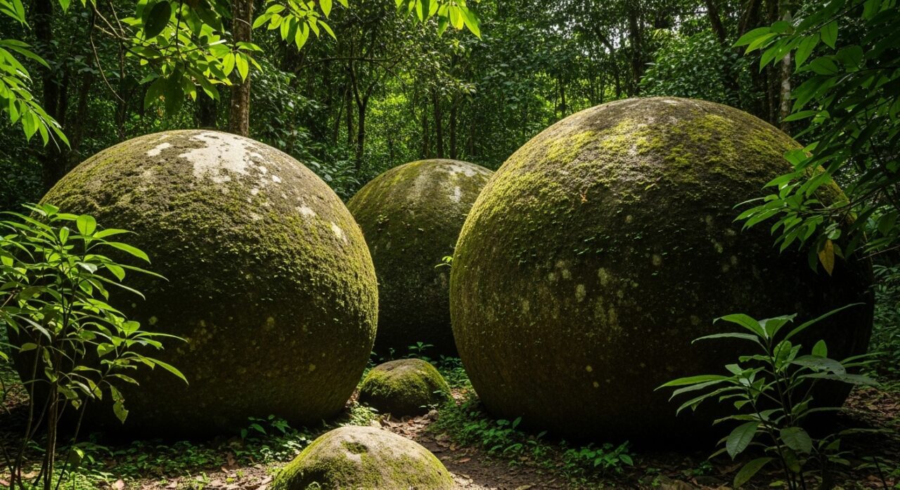 Ancient stone spheres covered in moss, nestled among lush greenery in a tropical forest setting.