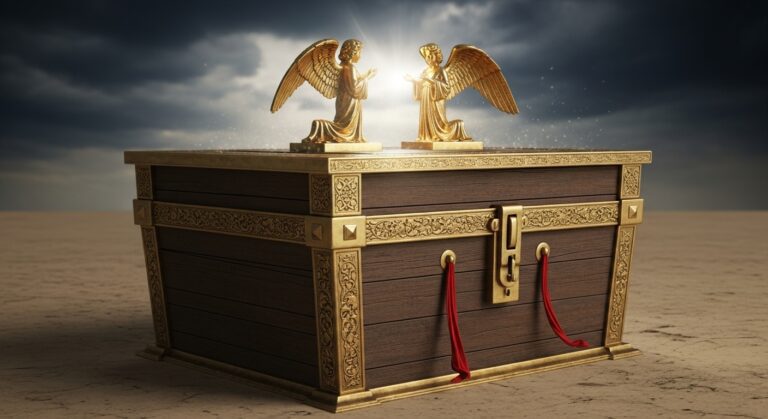 Golden treasure chest adorned with angelic figures, radiating light, symbolizing mystery and spiritual wealth.