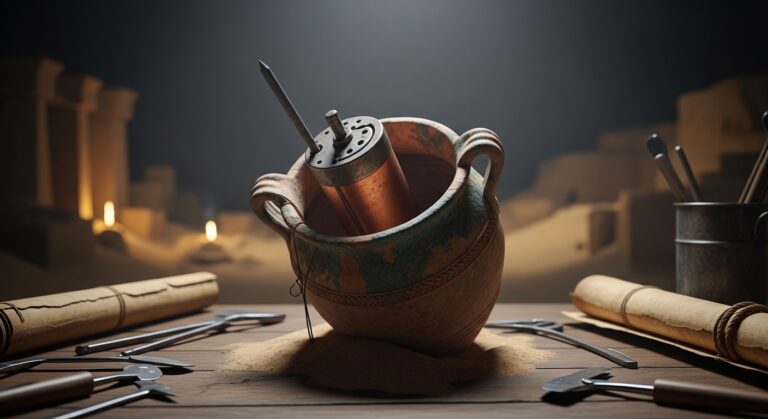 Ancient pottery jar with artifacts and tools, symbolizing historical exploration and archaeological discovery in a dimly lit setting.