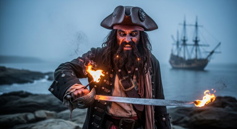 Mysterious pirate wielding a flaming sword, evoking adventure near an imposing ship on a foggy shoreline.