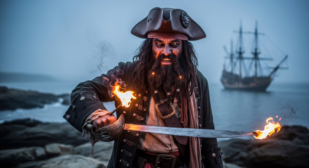 Mysterious pirate wielding a flaming sword, evoking adventure near an imposing ship on a foggy shoreline.