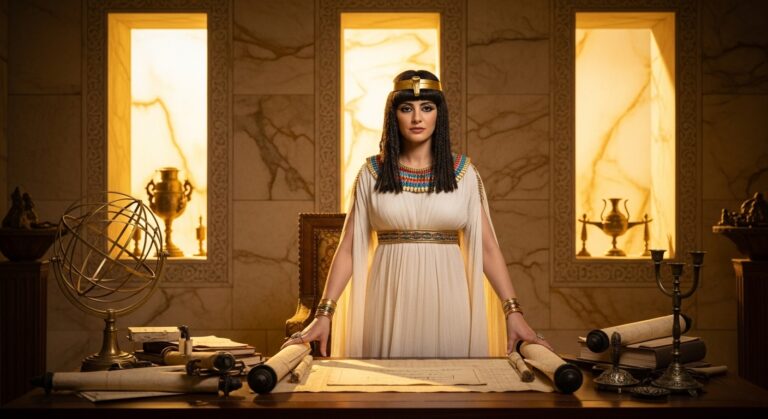 Cleopatra: Ancient Egyptian queen posing confidently at a richly adorned desk, surrounded by scrolls and historical artifacts.