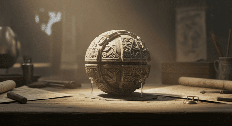 Ancient stone globe with intricate carvings resting on a wooden desk surrounded by parchment and tools, evoking exploration.