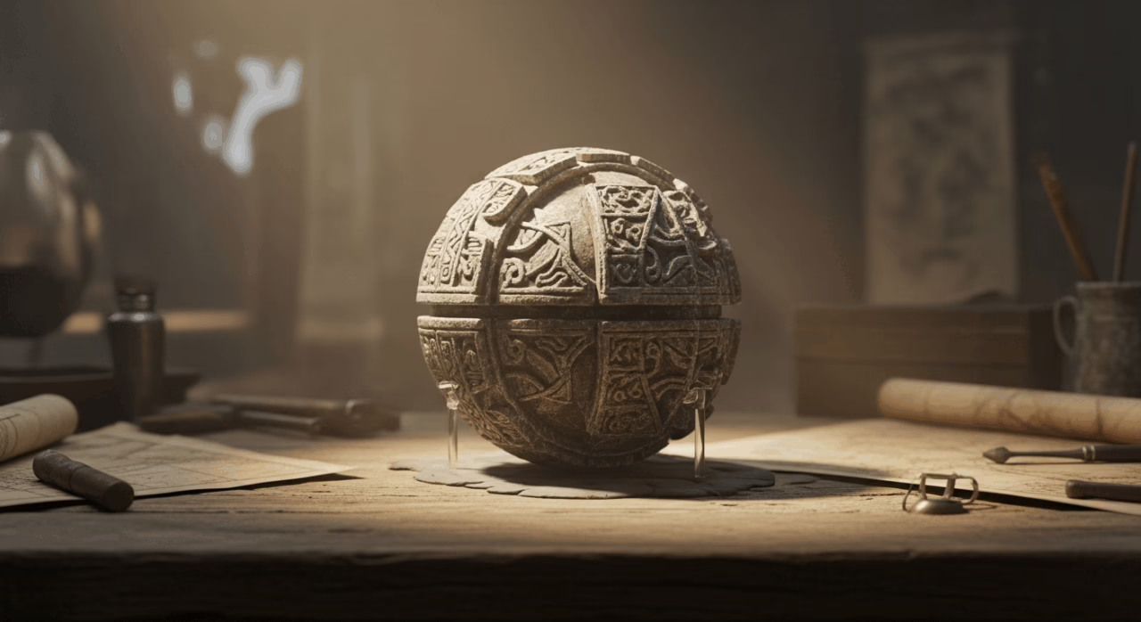 Ancient stone globe with intricate carvings resting on a wooden desk surrounded by parchment and tools, evoking exploration.