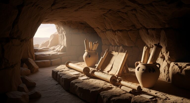 Ancient scrolls and pottery inside a dimly lit cave, symbolizing historical knowledge and archaeological exploration.