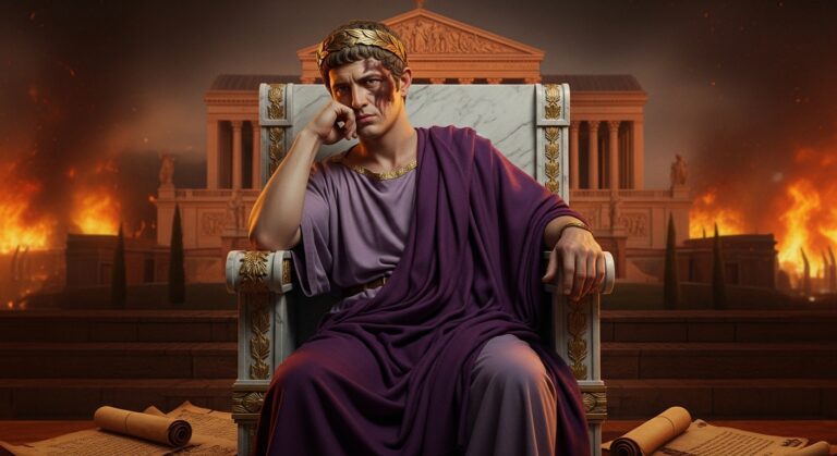 A pensive Roman emperor contemplates his fate against a backdrop of chaos and flames, symbolizing the fall of empires.