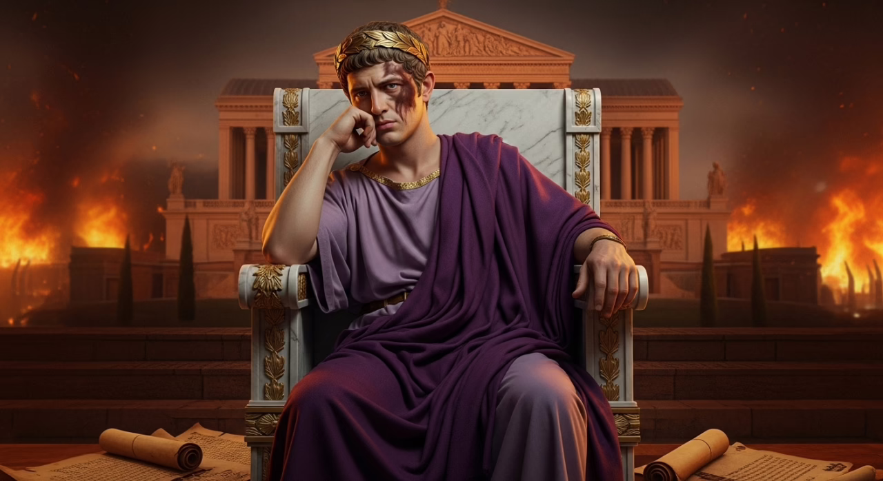 A pensive Roman emperor contemplates his fate against a backdrop of chaos and flames, symbolizing the fall of empires.
