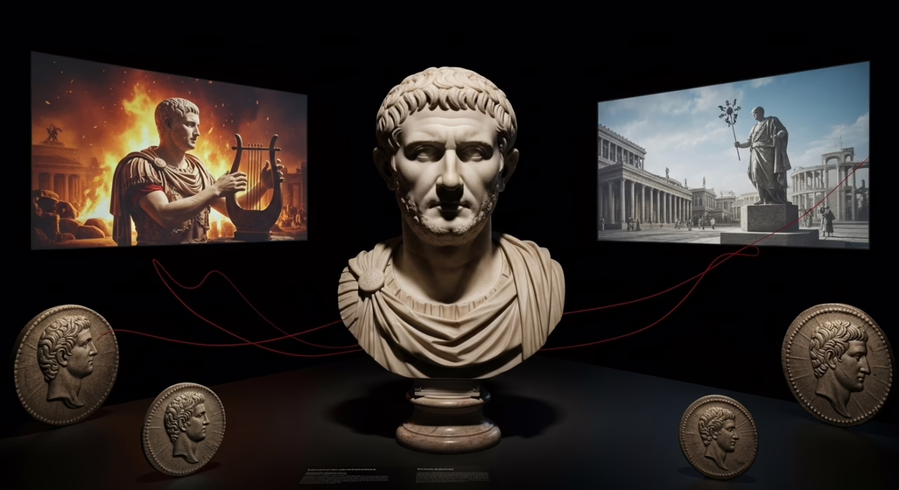 Bust of a Roman emperor surrounded by historical images and coins, illustrating ancient Rome's influence on culture and governance.