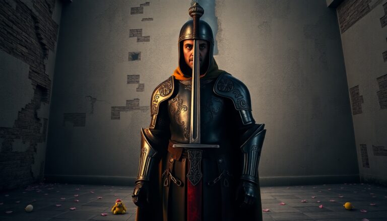 Gilles De Rais - Knight in elaborate armor stands solemnly with a sword in a stark, empty room, symbolizing strength amidst vulnerability.