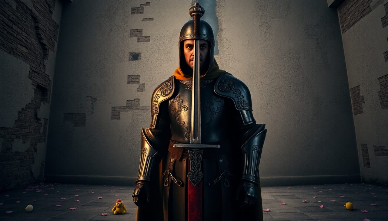 Gilles De Rais - Knight in elaborate armor stands solemnly with a sword in a stark, empty room, symbolizing strength amidst vulnerability.