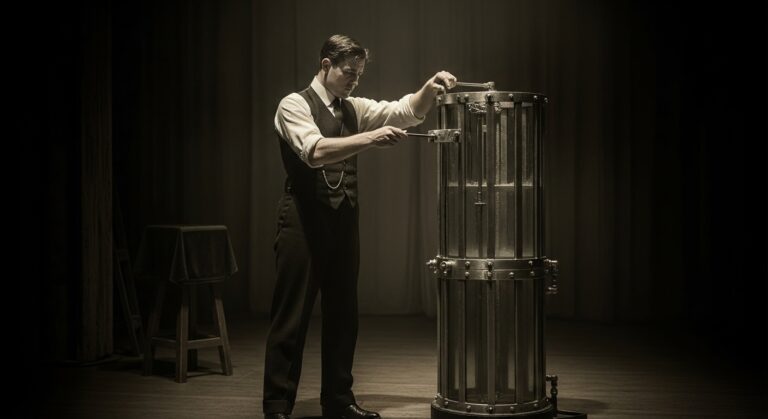 Magician prepares for a dramatic illusion, adjusting the intricate apparatus under soft stage lighting.
