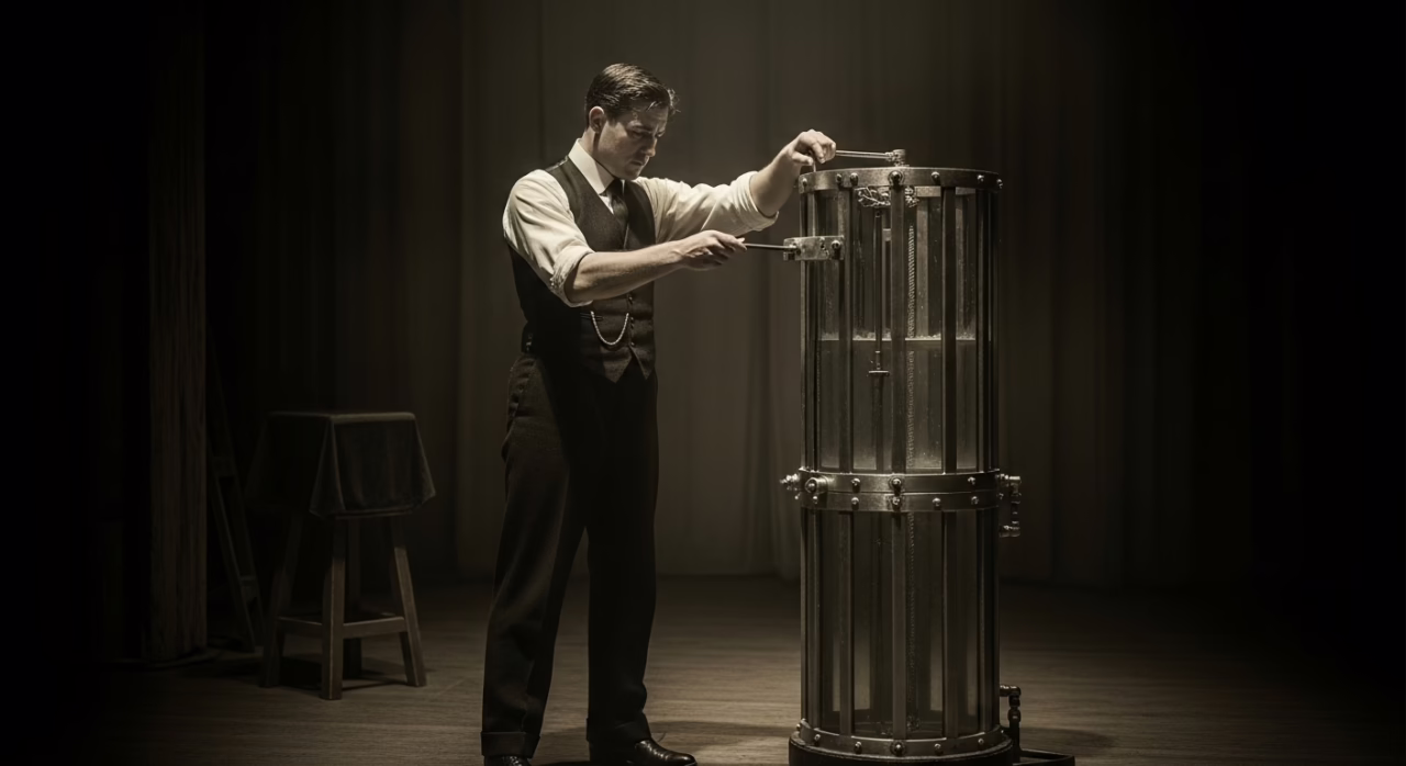 Magician prepares for a dramatic illusion, adjusting the intricate apparatus under soft stage lighting.