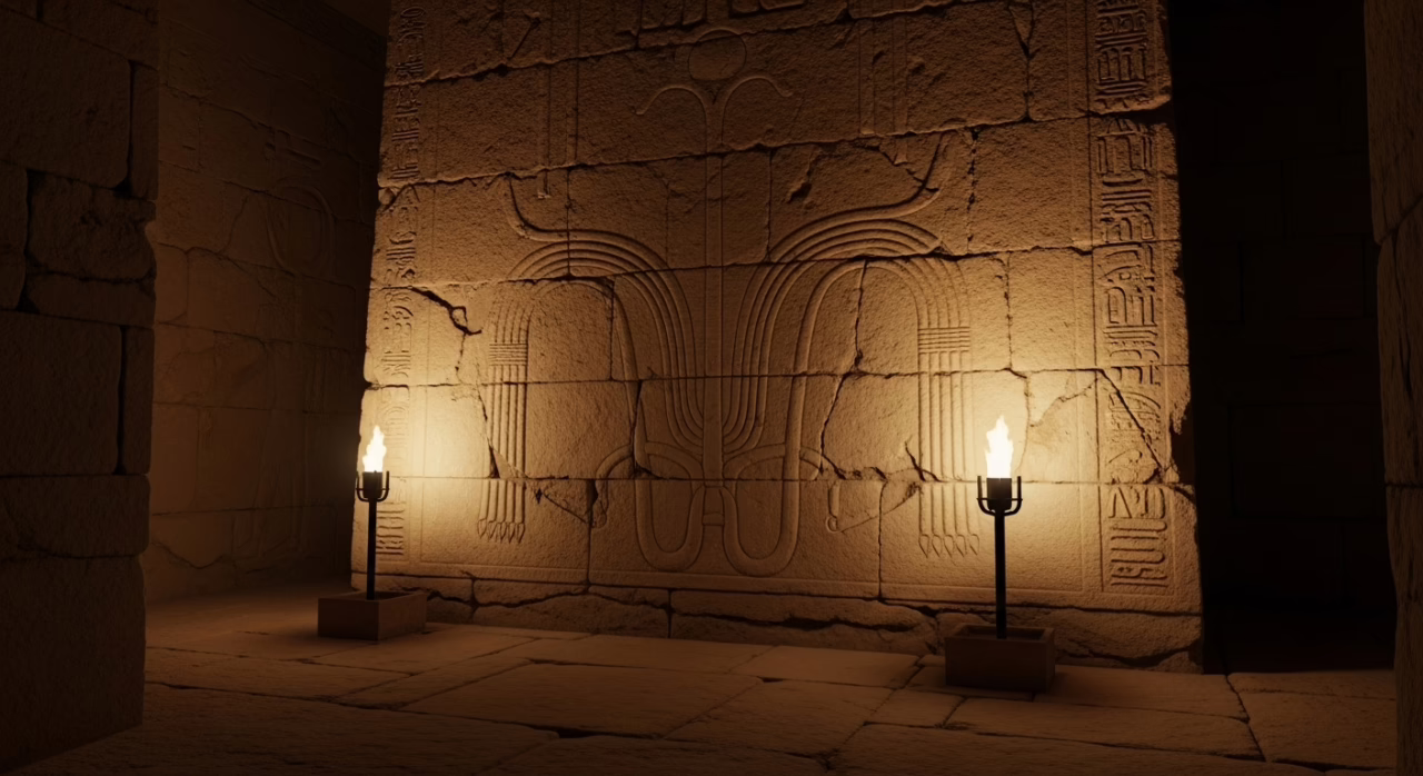 Illuminated ancient stone wall featuring intricate hieroglyphics and an emblematic carving in a mysterious temple setting.