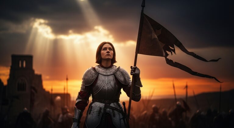 A determined knight stands tall with a flag at sunset, symbolizing courage and leadership amidst a battlefield.