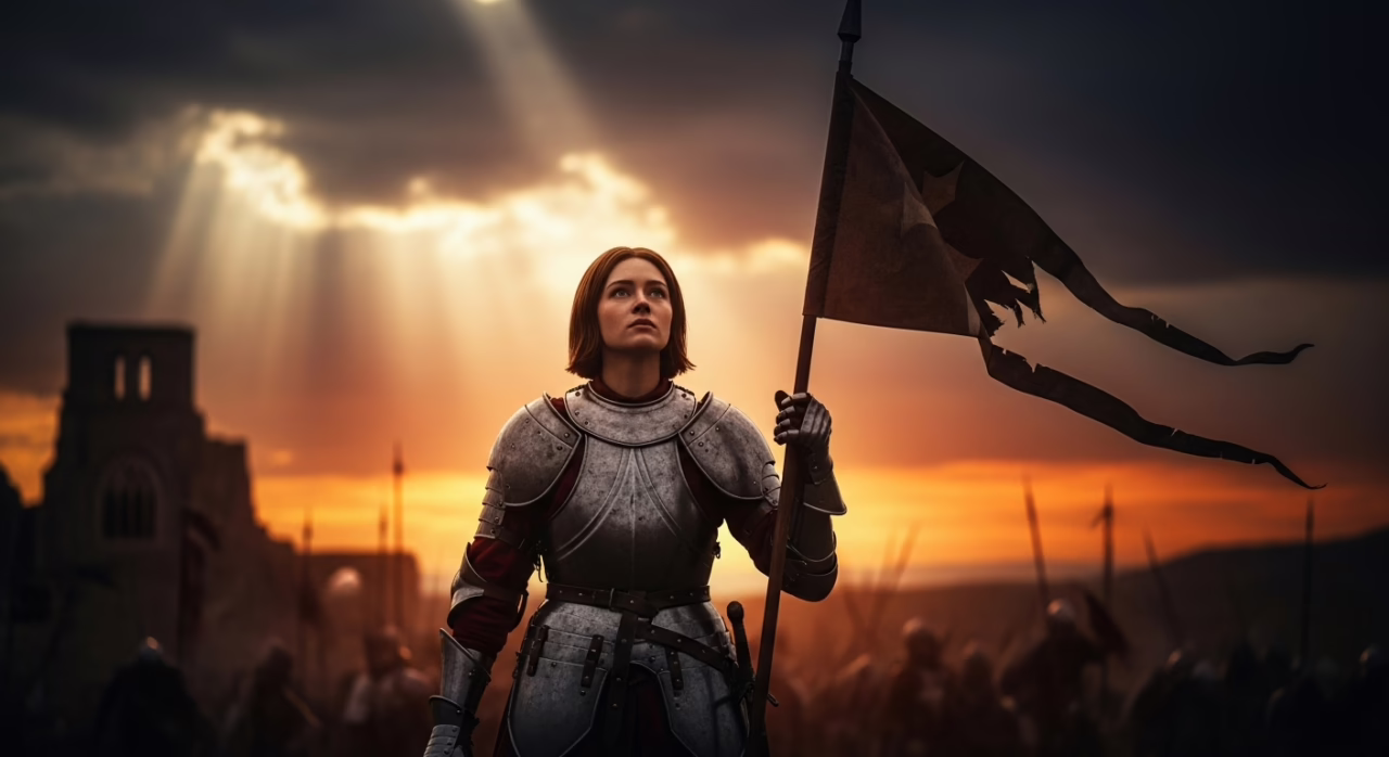 A determined knight stands tall with a flag at sunset, symbolizing courage and leadership amidst a battlefield.
