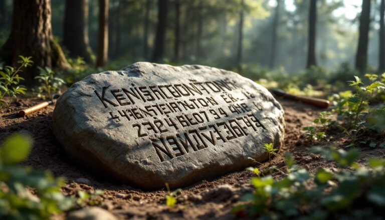 Historic stone tablet inscribed with ancient symbols, nestled in a serene forest, symbolizing forgotten knowledge and heritage.