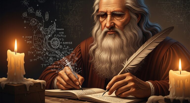 An elderly scholar immerses in alchemical studies, writing notes by candlelight with mystical symbols surrounding him.