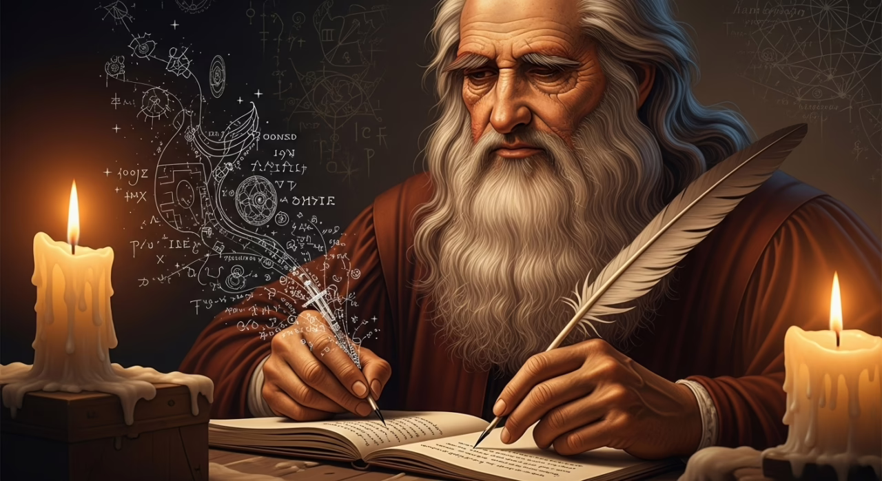 An elderly scholar immerses in alchemical studies, writing notes by candlelight with mystical symbols surrounding him.