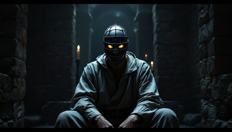 Mysterious figure in a dimly lit dungeon, wearing a cage-like mask with glowing eyes, evokes a chilling atmosphere.