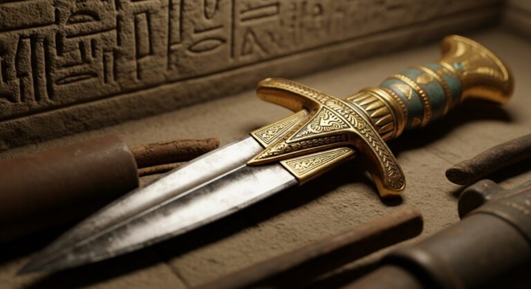Ancient Egyptian dagger with ornate gold detailing and turquoise accents, resting on a stone surface amidst historical artifacts.