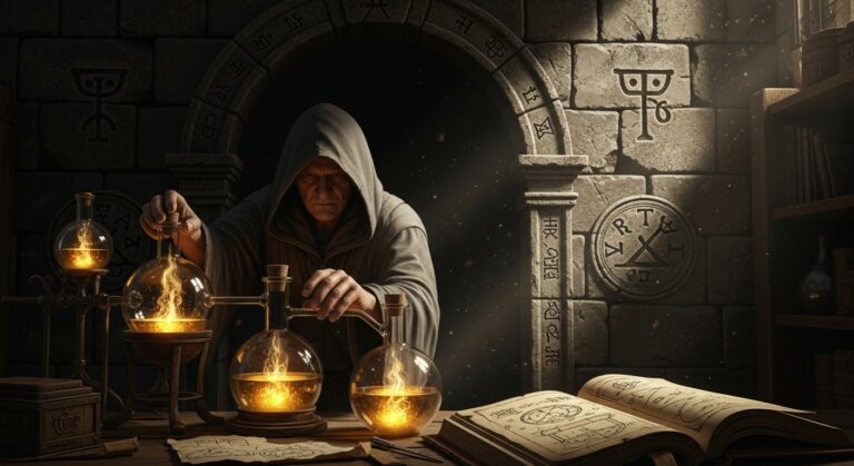 An alchemist in a dimly lit chamber artfully mixes glowing potions, surrounded by ancient texts and mysterious symbols.