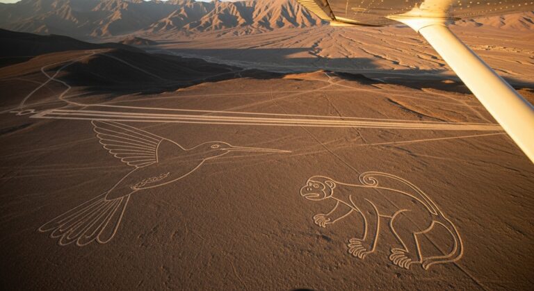 Nazca Lines featuring a hummingbird and monkey, captured from a plane, showcasing ancient Peruvian geoglyph artistry.