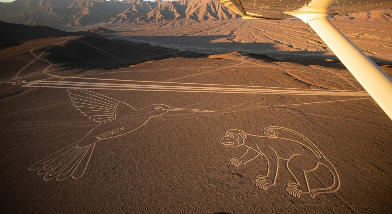 Nazca Lines featuring a hummingbird and monkey, captured from a plane, showcasing ancient Peruvian geoglyph artistry.