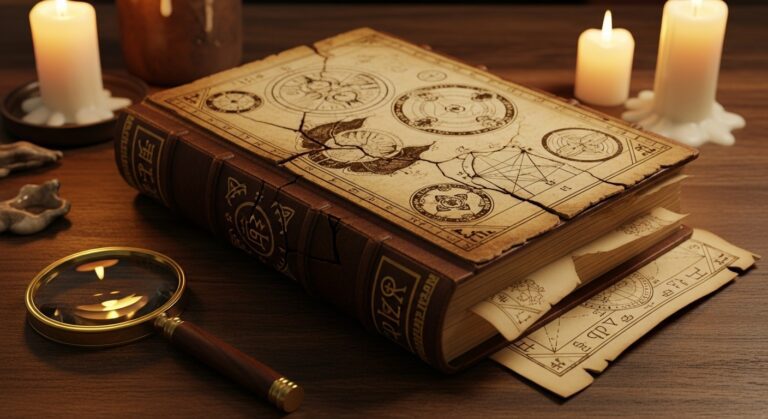 Antique spellbook with intricate symbols, resting on a wooden table next to candles and a magnifying glass, evokes mystery.