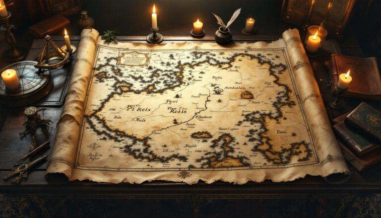 Antique map detailing fictional lands, surrounded by candles and navigational tools, evokes a sense of adventure and exploration.