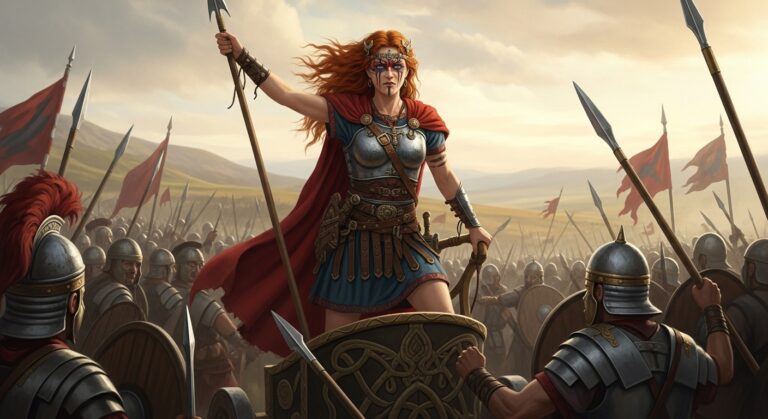 Conflict-ready warrior queen stands confidently before her army, inspiring courage among soldiers with a raised spear.