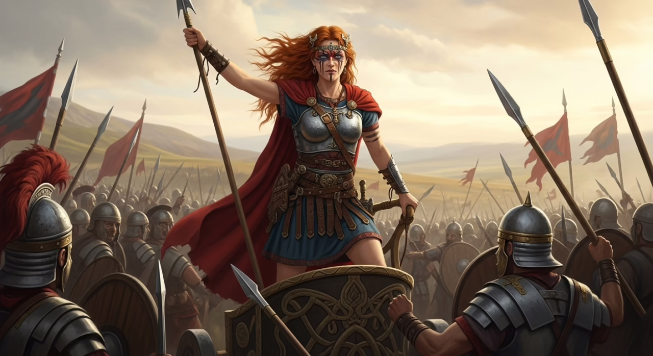 Conflict-ready warrior queen stands confidently before her army, inspiring courage among soldiers with a raised spear.