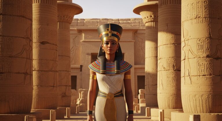 Ancient Egyptian queen standing confidently amid majestic columns adorned with hieroglyphics in a sunlit temple setting.