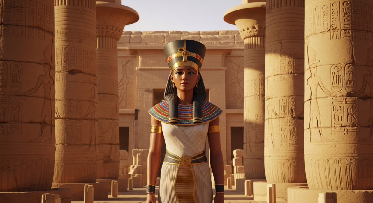Ancient Egyptian queen standing confidently amid majestic columns adorned with hieroglyphics in a sunlit temple setting.