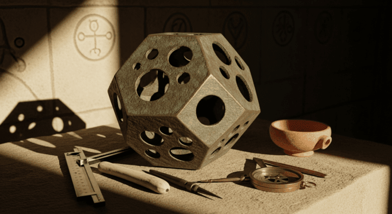Geometric sculpture surrounded by drafting tools and pottery, symbolizing creativity and design in a warm, lit space.
