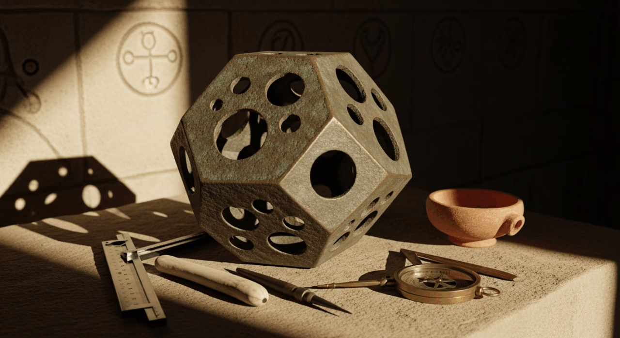Geometric sculpture surrounded by drafting tools and pottery, symbolizing creativity and design in a warm, lit space.