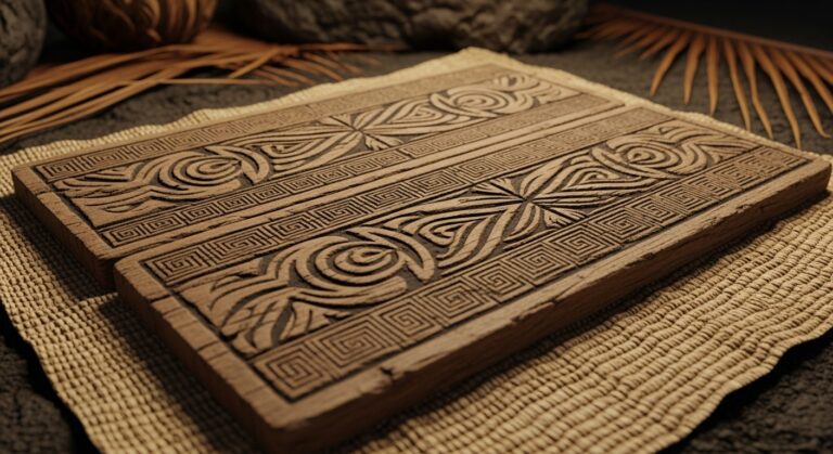 Intricately carved wooden panels featuring traditional motifs, displayed on a textured mat, highlighting cultural artistry.
