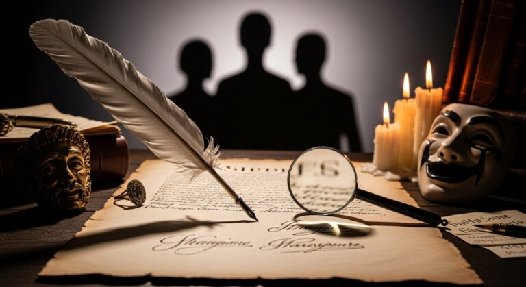 Quill pen beside a magnifying glass and ancient manuscript, symbolizing mystery and intrigue in literature and history.