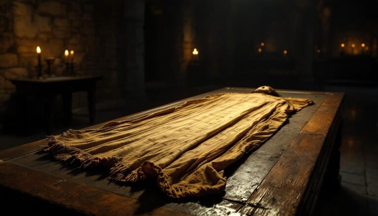 Shroud of Turin - Mysterious ancient scene with a figure wrapped in cloth resting on a wooden table surrounded by flickering candlelight.