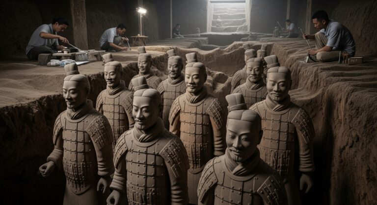 Terracotta soldiers undergoing restoration work in a historic excavation site, showcasing ancient Chinese artistry and craftsmanship.