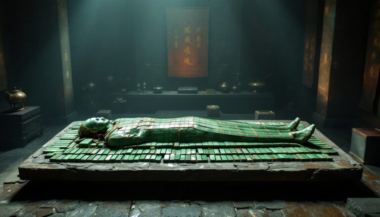 Ancient burial site featuring a jade-covered sarcophagus illuminated by soft light, evoking mystery and historical intrigue.