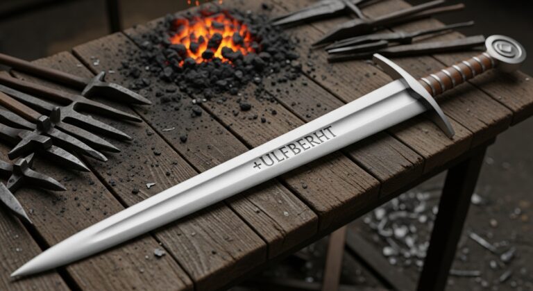 Viking-style sword labeled "+ULFBERHIT" displayed on a wooden table alongside blacksmithing tools and glowing coals.