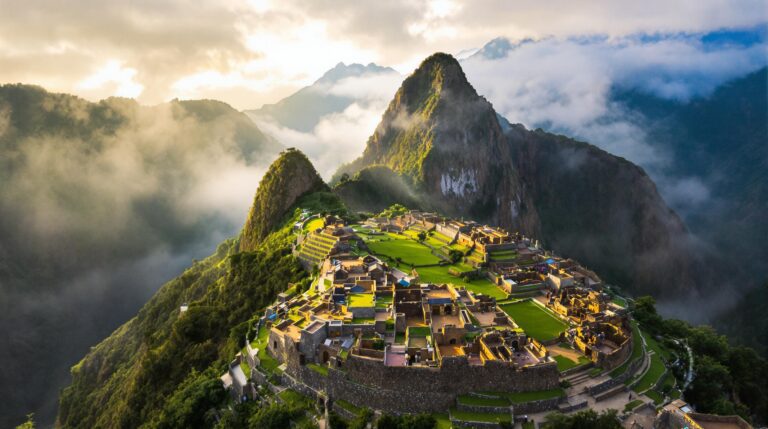 haunting aerial view of Machu Picchu at dawn