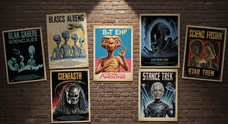 A collection of retro alien-themed posters on a brick wall, showcasing imaginative sci-fi art and pop culture references.