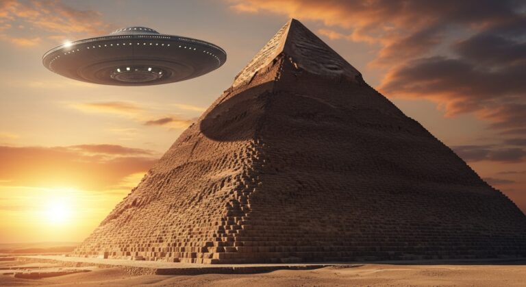 UFO hovering above the Great Pyramid of Giza during a stunning sunset, blending ancient history with modern mythology.